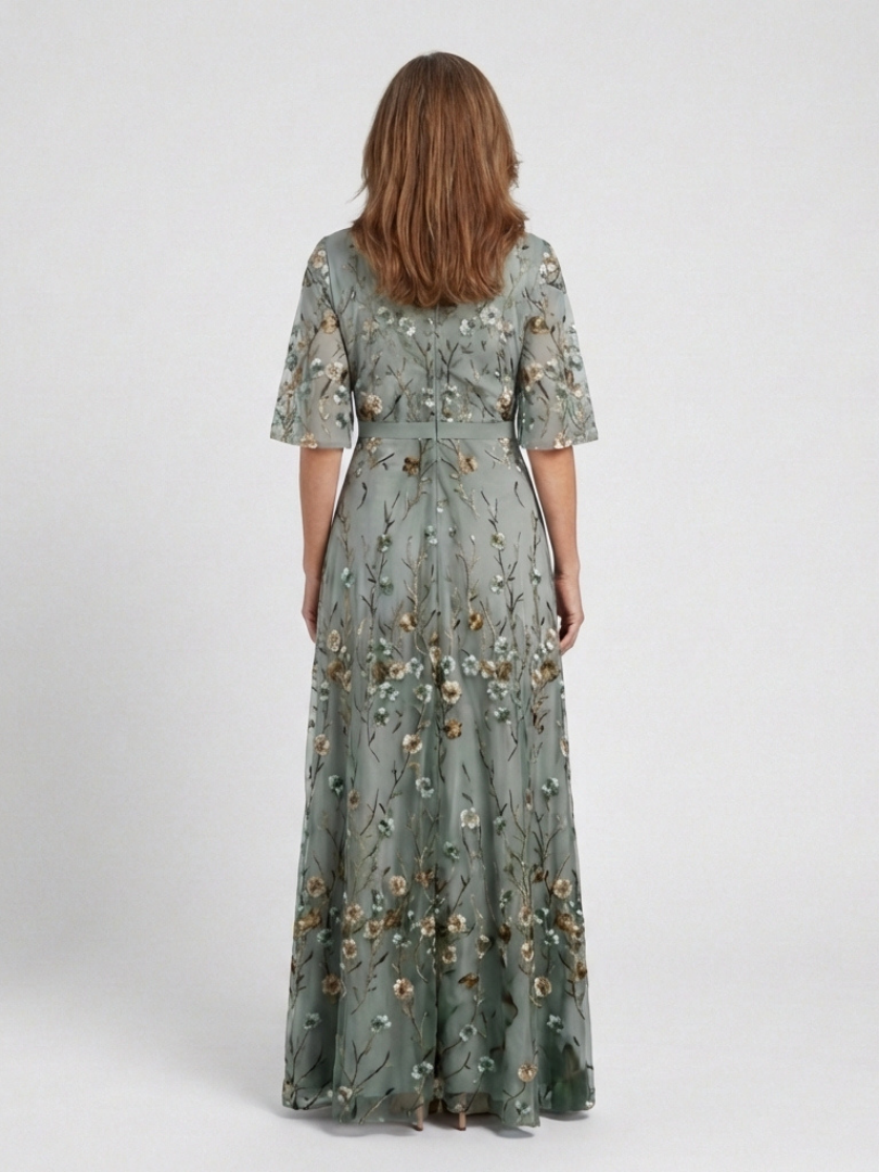 Evadne™ Floral V Neck Short Sleeve Maxi Dress
