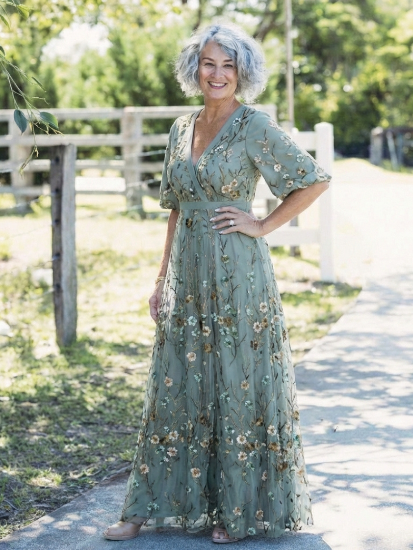 Evadne™ Floral V Neck Short Sleeve Maxi Dress