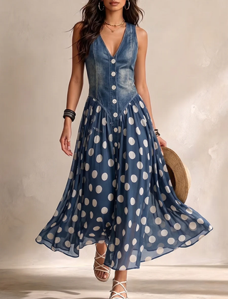 Soraya™ Denim & Chiffon Midi Dress