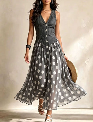 Soraya™ Denim & Chiffon Midi Dress