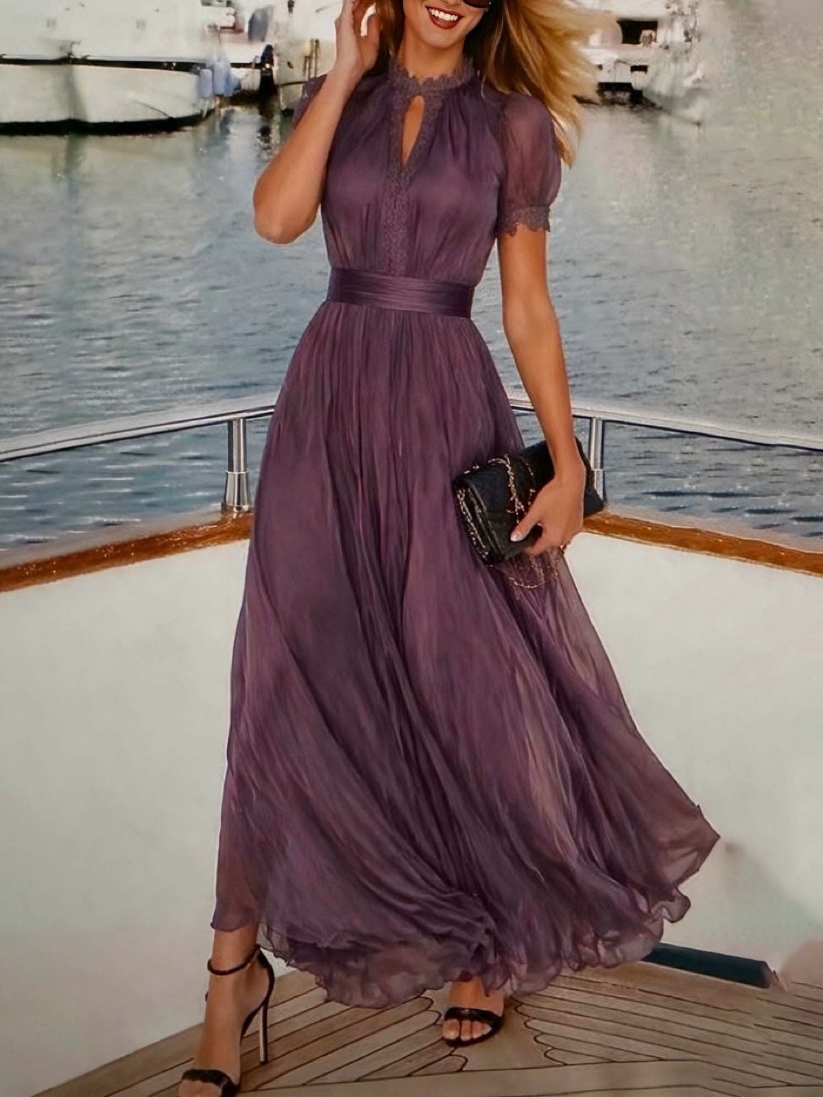 Valentine™ Keyhole Neckline Trim Maxi Dress