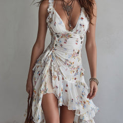 Estelle™ Retro Flower V-Neck Spaghetti Strap Mini Dress