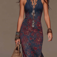 Béatrice™ Retro Halter Neck Floral Fishtail Maxi Dress