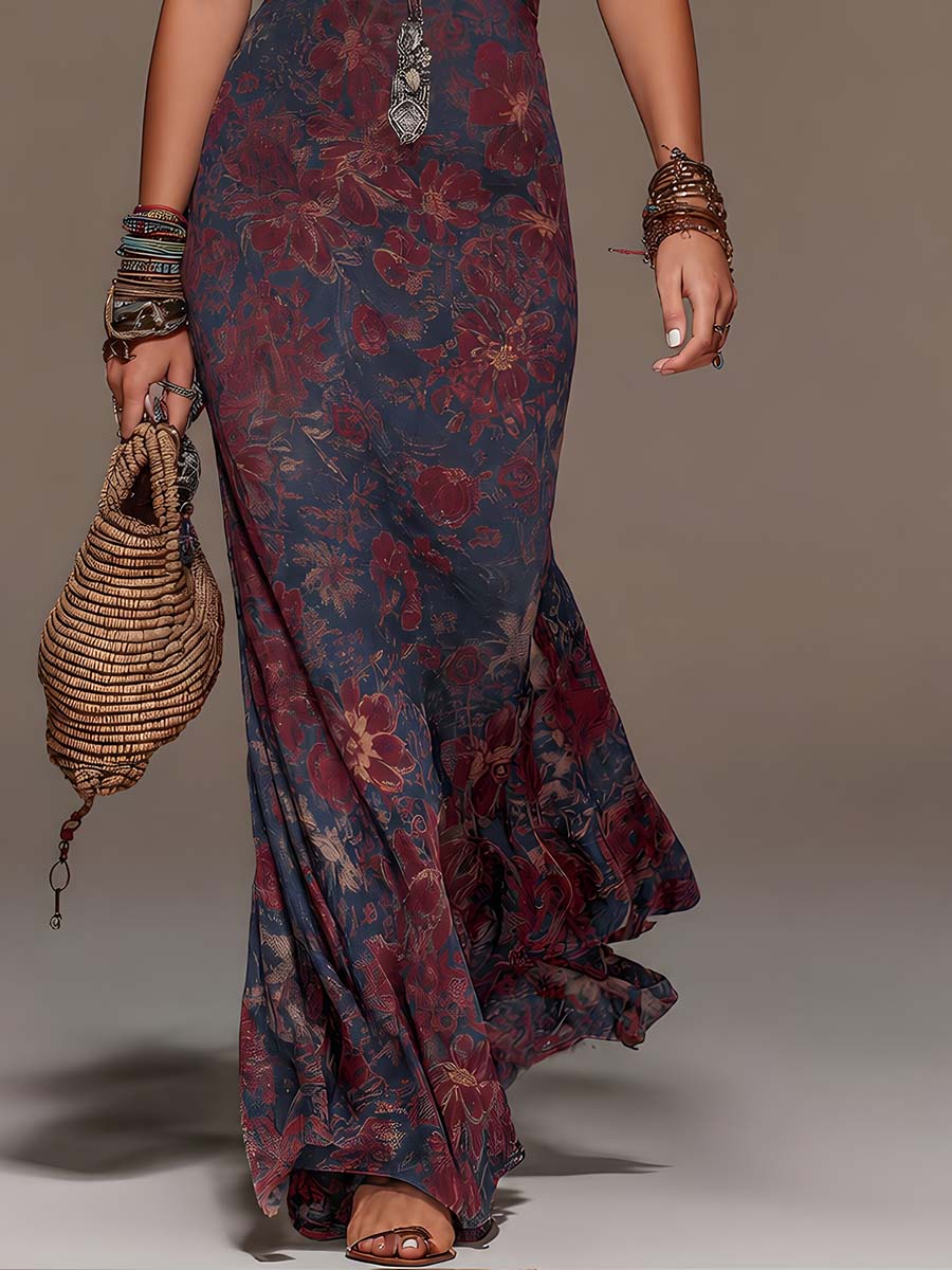 Béatrice™ Retro Halter Neck Floral Fishtail Maxi Dress