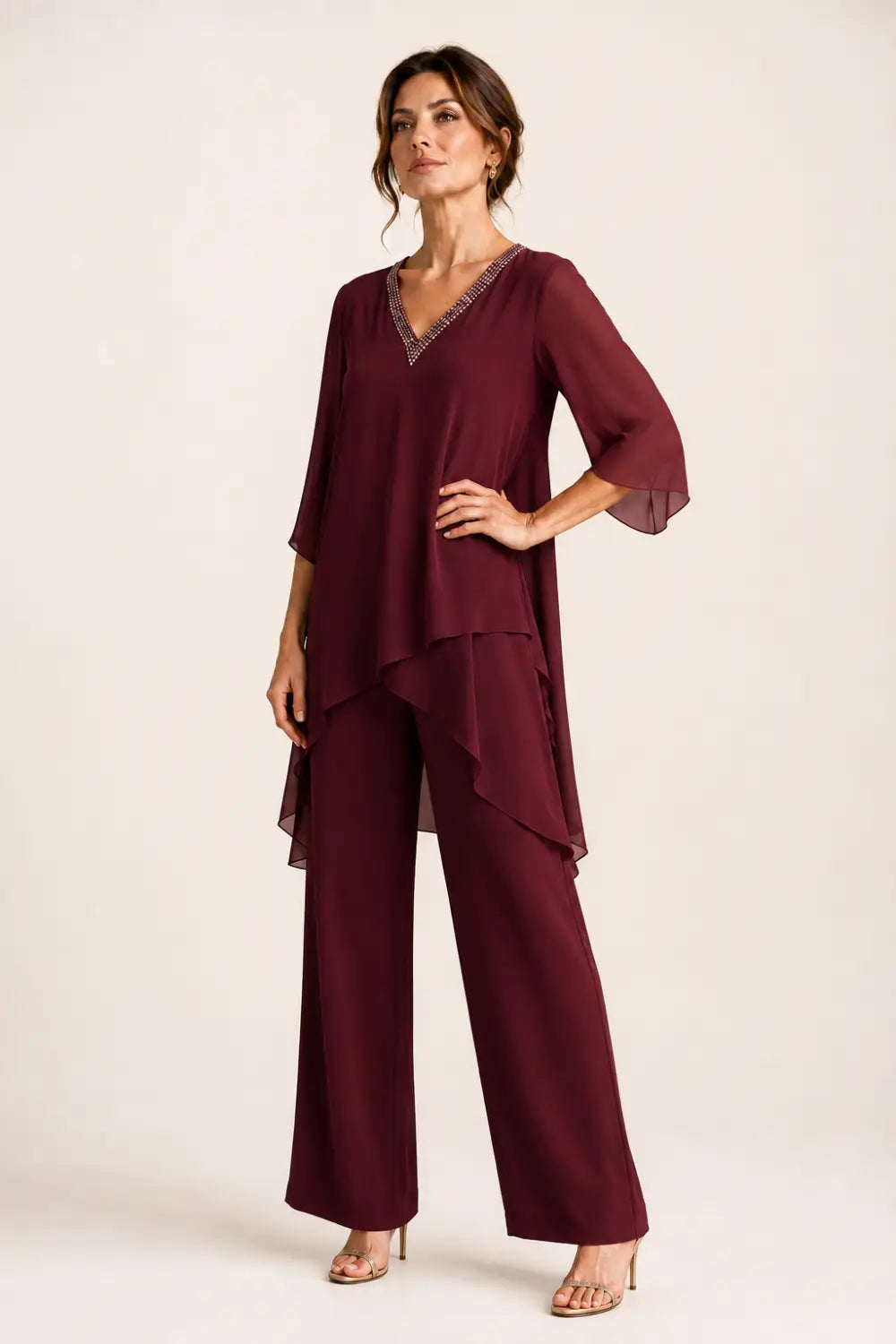 Annelise™ Asymmetric Capelet Pant Suit with Wide-Leg Pants