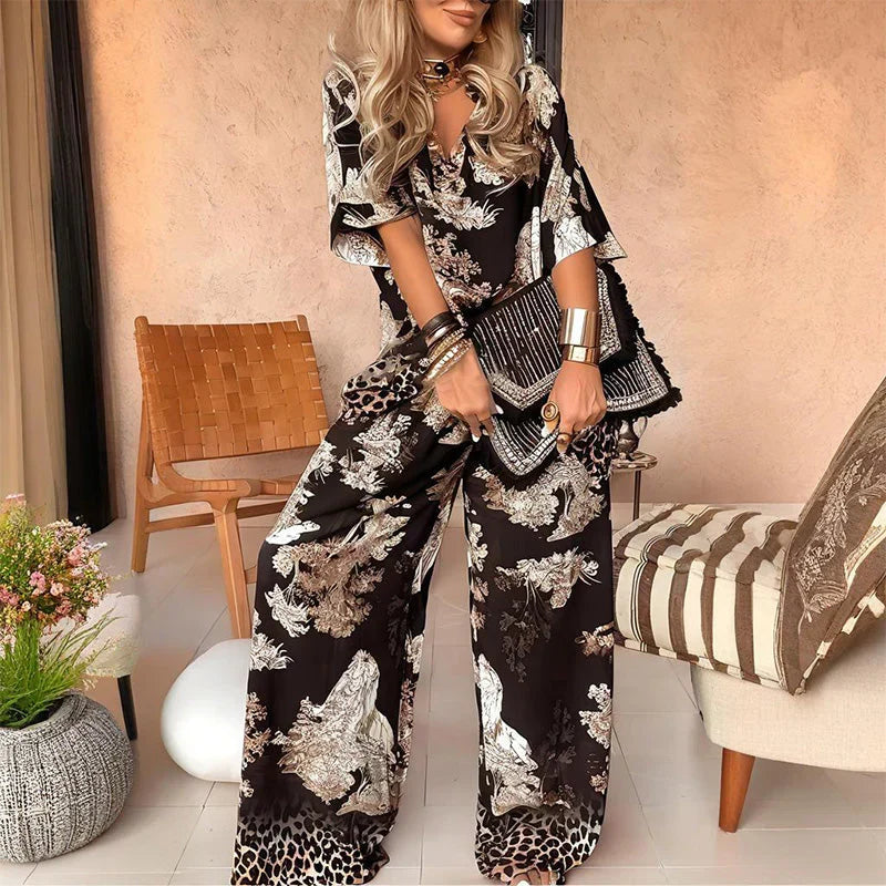 Tasha™ Printed V-Neck Top & Long Pants Set