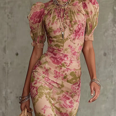 Océane™ Vintage Rose Print Maxi Dress with Puff Sleeves