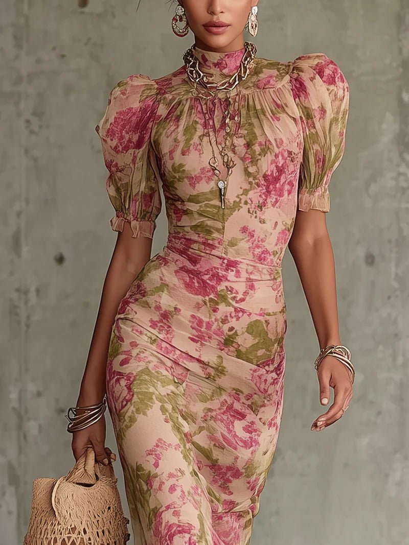 Océane™ Vintage Rose Print Maxi Dress with Puff Sleeves