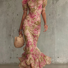 Océane™ Vintage Rose Print Maxi Dress with Puff Sleeves