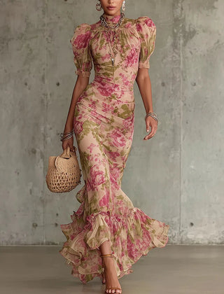 Océane™ Vintage Rose Print Maxi Dress with Puff Sleeves