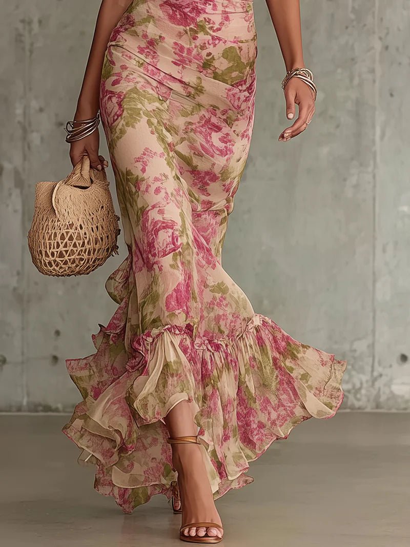 Océane™ Vintage Rose Print Maxi Dress with Puff Sleeves