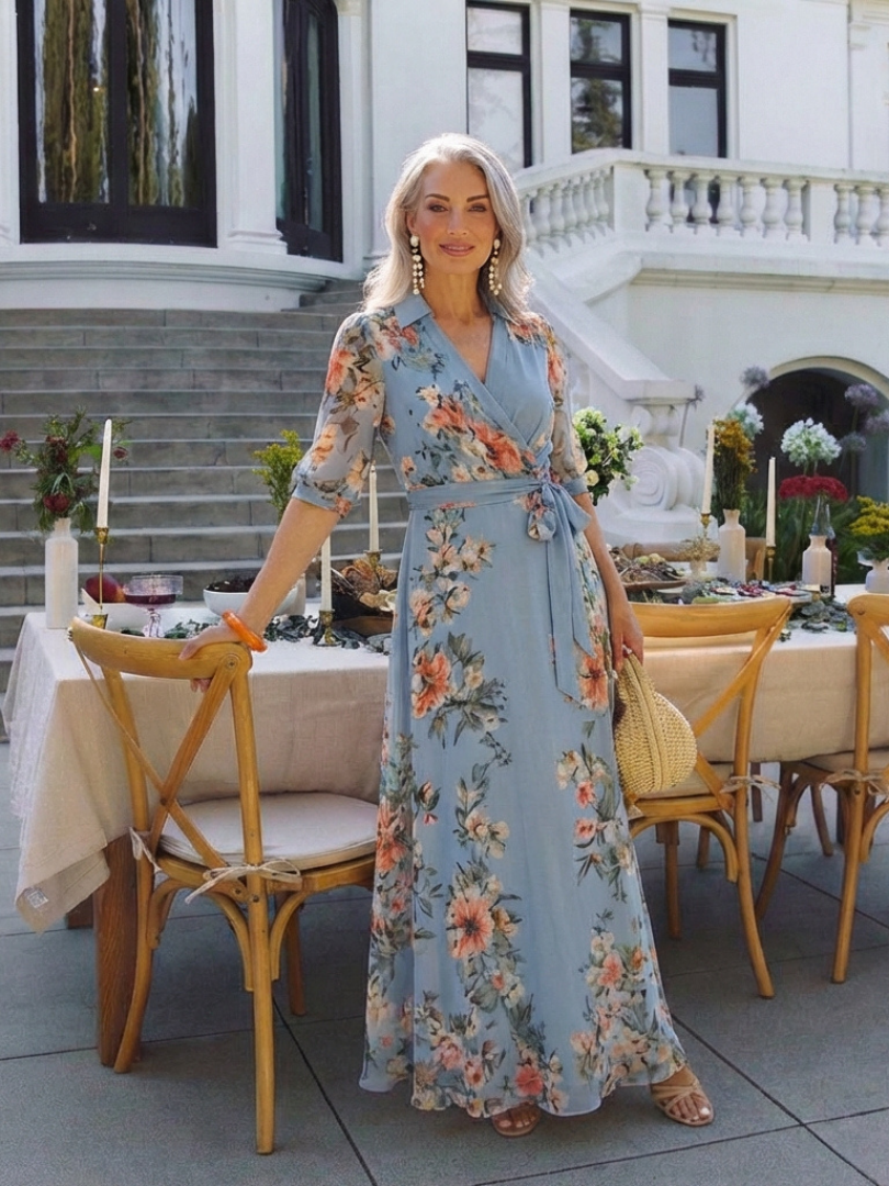 Elowen™ Floral Wrap V Neck Maxi Dress