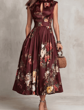 Rosalie™ Keyhole Collar Floral Pleated Midi Dress