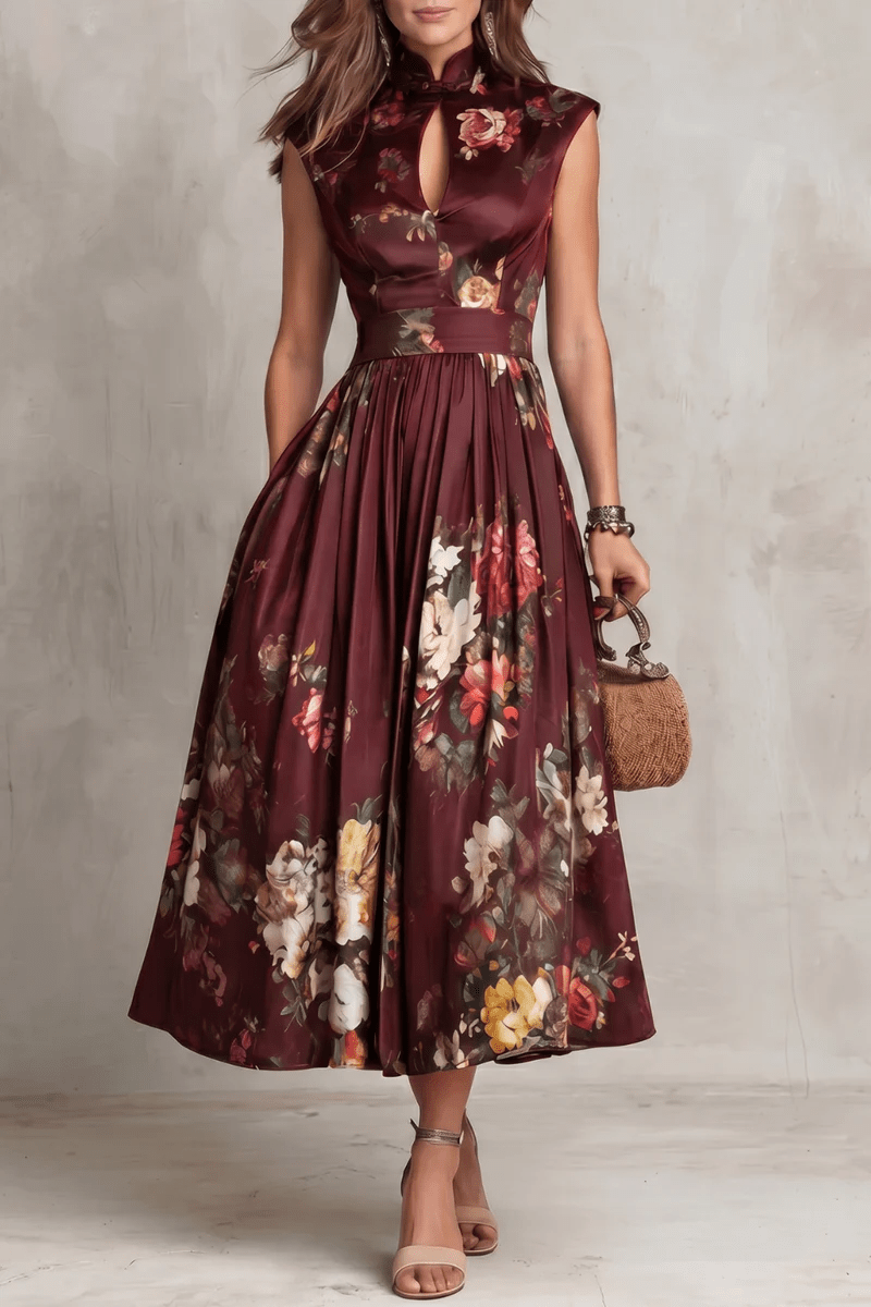Rosalie™ Keyhole Collar Floral Pleated Midi Dress