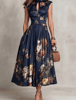 Rosalie™ Keyhole Collar Floral Pleated Midi Dress