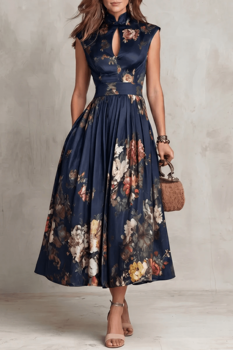 Rosalie™ Keyhole Collar Floral Pleated Midi Dress