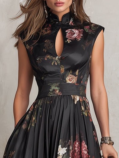 Rosalie™ Keyhole Collar Floral Pleated Midi Dress