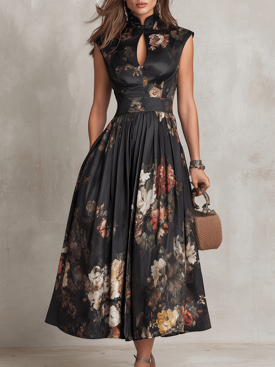 Rosalie™ Keyhole Collar Floral Pleated Midi Dress