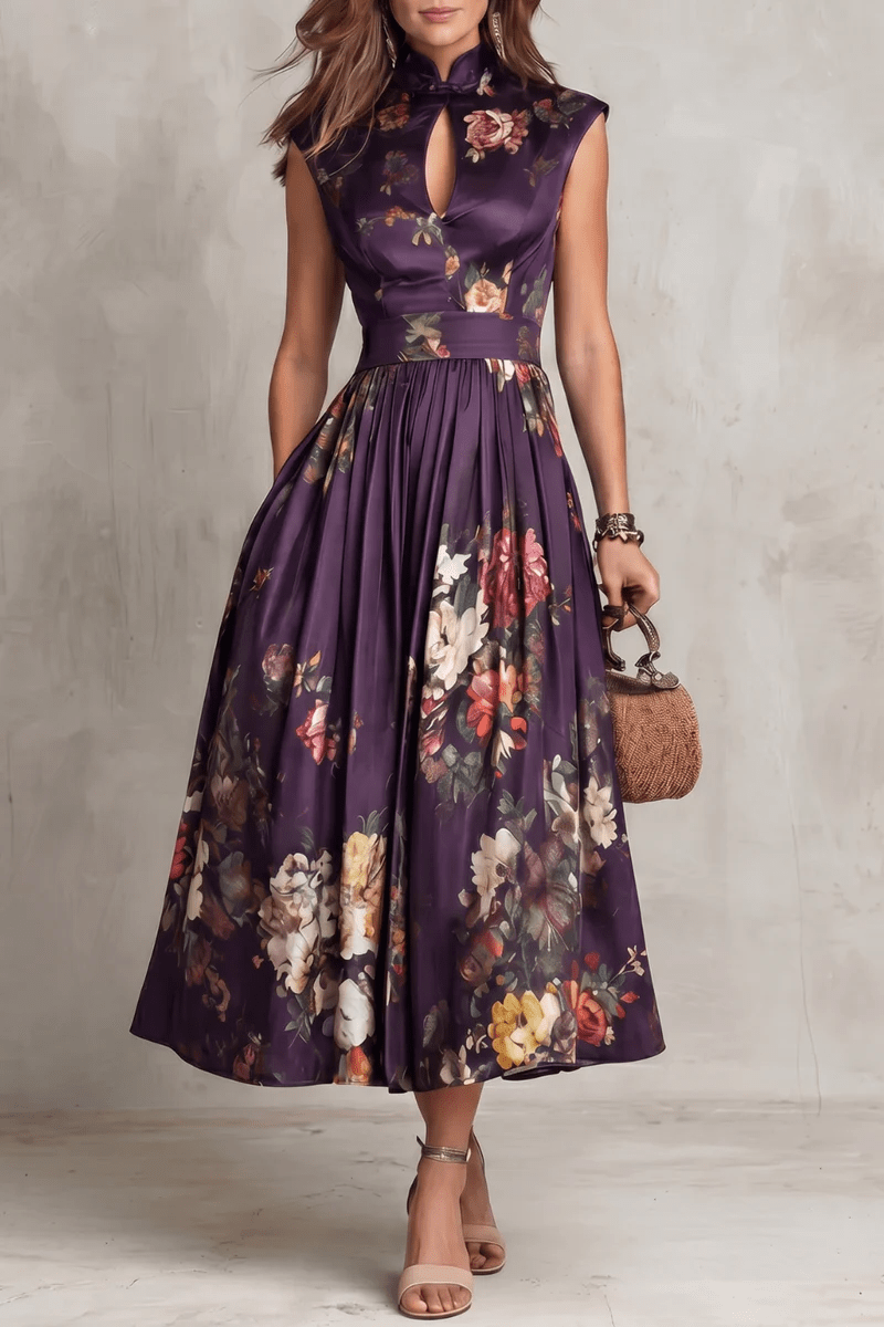 Rosalie™ Keyhole Collar Floral Pleated Midi Dress