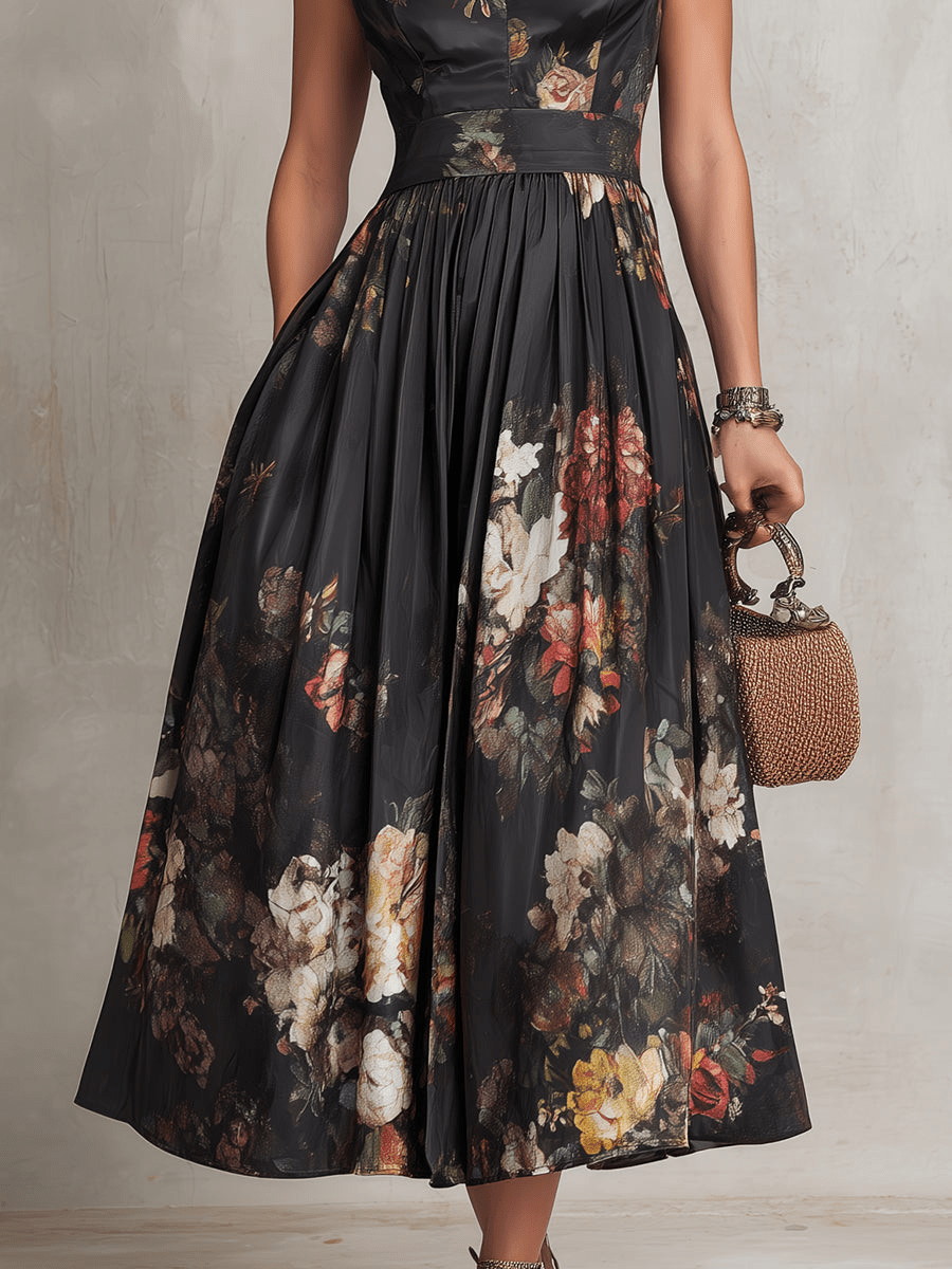Rosalie™ Keyhole Collar Floral Pleated Midi Dress