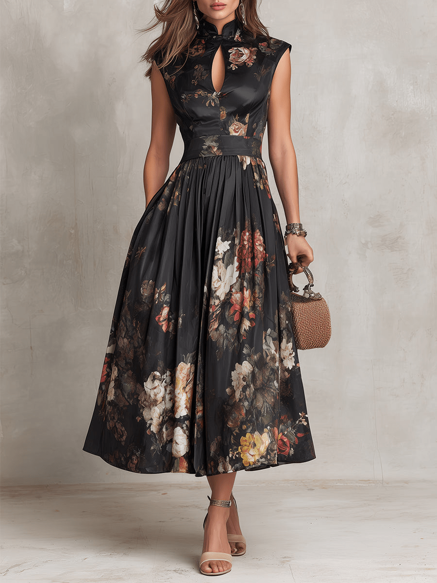 Rosalie™ Keyhole Collar Floral Pleated Midi Dress