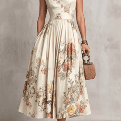 Rosalie™ Keyhole Collar Floral Pleated Midi Dress