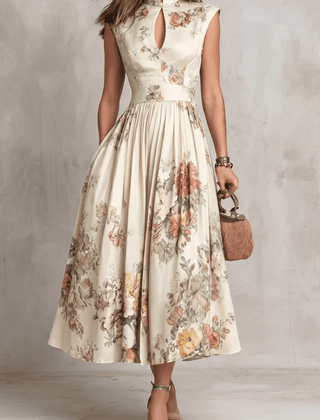 Rosalie™ Keyhole Collar Floral Pleated Midi Dress