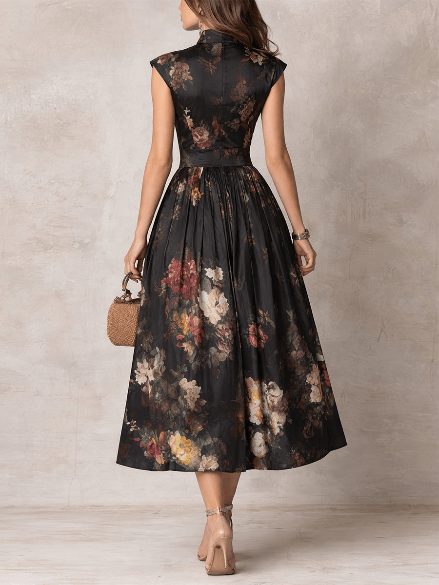 Rosalie™ Keyhole Collar Floral Pleated Midi Dress